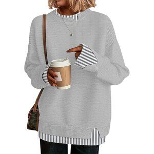 Women's Striped Grey Cowgirl Chic Knit Cozy Outfit Long Sleeve Pullover Sweater